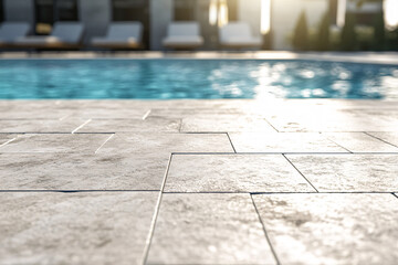 A close-up of a tiled pool deck with soft sunlight reflecting off the tiles and a swimming pool in the background creating a serene setting
