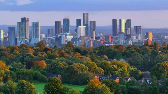 Manchester city skyline and surrounding residential areas from the vantage point of Heaton Park.