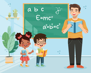 Smiling student and teacher man standing in front of blackboard in classroom at school. World Teachers' Day concept. Poster, Banner, Flyer, Greeting Card. Vector illustration in flat cartoon style