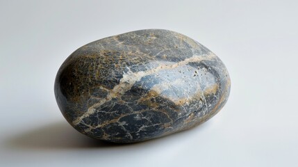 Unique rounded stone with intricate patterns resting on a light surface in a bright environment