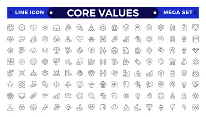 Core Values outline icons set. Vector illustration in modern thin line style of business related icons: integrity, growth, goal, trust, passion, white salary, social package.