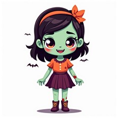 Fototapeta premium cute cartoon zombie girl isoalted on white background. Halloween character illsutration in chibi style chidlish art