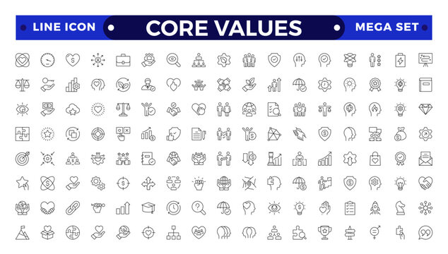 Core Values outline icons set. Vector illustration in modern thin line style of business related icons: integrity, growth, goal, trust, passion, white salary, social package.