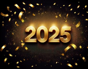 bright slow motion falling gold confetti on golden 2025 sign isolated on black background shiny light animation texture decoration template overlay for happy new year