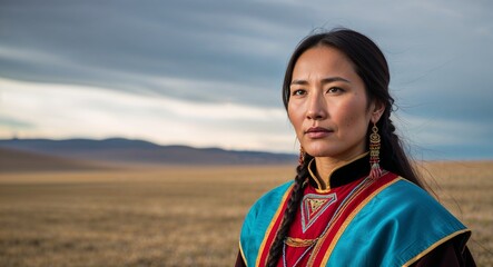 Mongolian woman in deel attire calm expression portrait photo steppe background