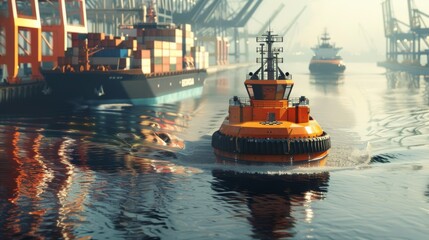 Obraz premium Autonomous Tugboat Guiding Large Ship into Port