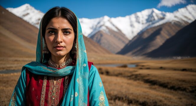 Pashtun lady in traditional attire neutral expression portrait photo mountainous background