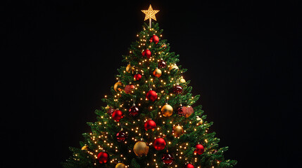 Obraz premium Large Christmas tree decorated with gold and red ornaments