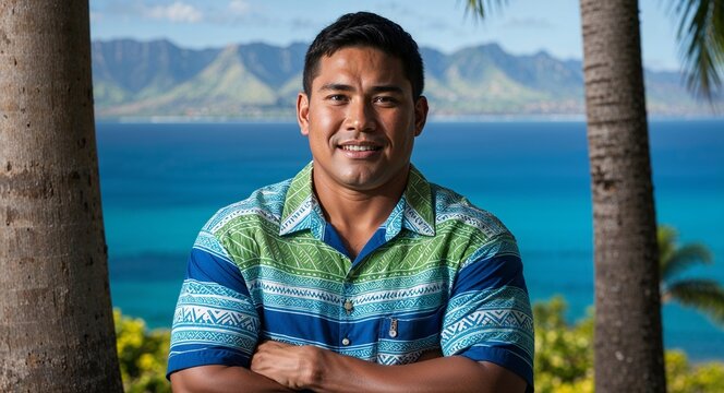 Samoan guy in lavalava and shirt relaxed expression portrait photo coastal backdrop