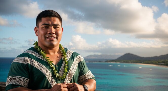 Samoan guy in lavalava and shirt relaxed expression portrait photo coastal backdrop