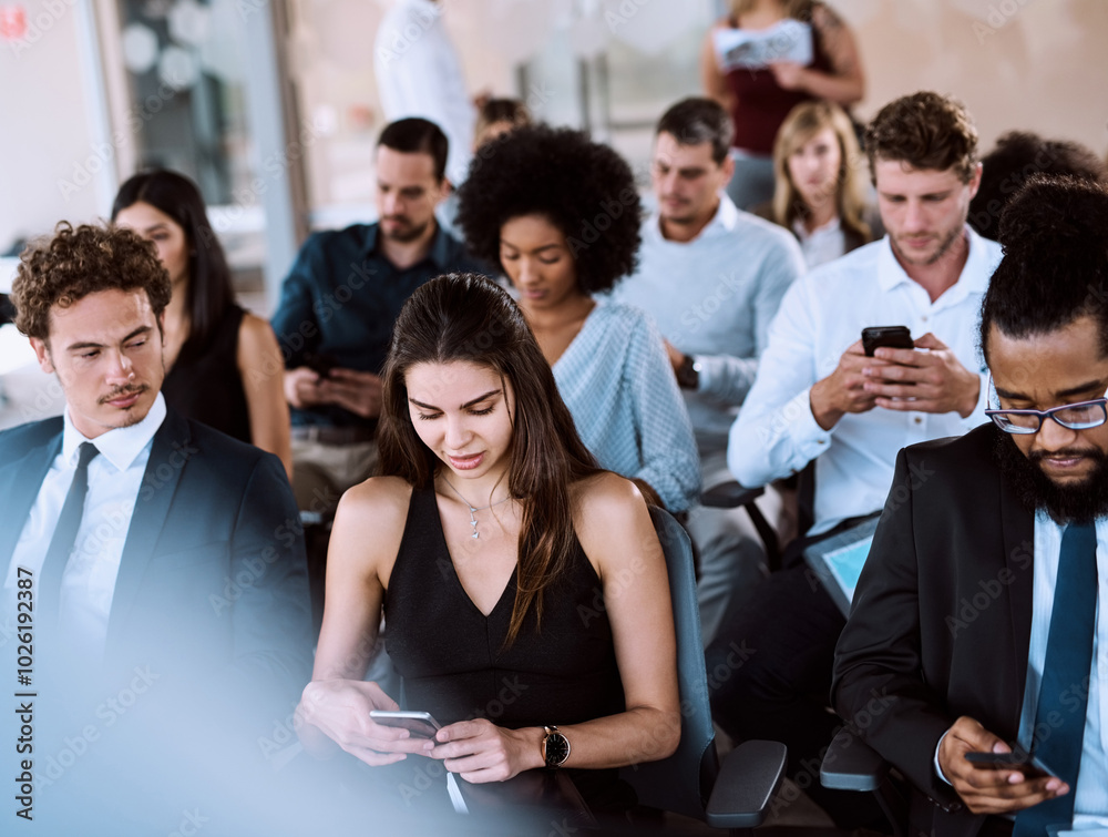 Poster group of people, diversity and mobile phone for communication, connection or networking in workplace