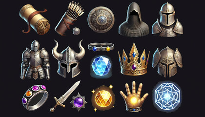 Set of Fantasy Game Icons with Weapons and Crystals