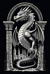 Fierce Dragon Emerging from Gothic Archway Above Medieval Castle