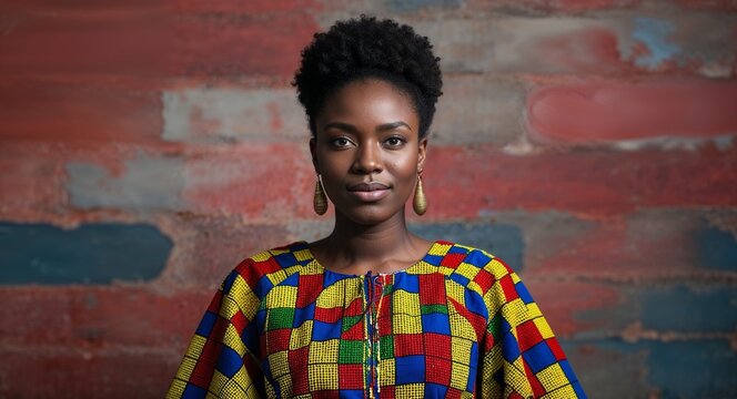Senegalese young woman in boubou dress proud expression portrait photo vibrant backdrop