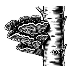 Reishi Mushrooms. Black and white vector illustration of a tree trunk with mushrooms growing on the sides. The design is characterized by detailed lines and white background.