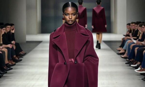A fashion model walks confidently down a runway during a fashion show, wearing a deep burgundy coat.