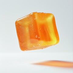 Close-up of a translucent orange jelly square cube with water droplets suspended in the air on a white background.