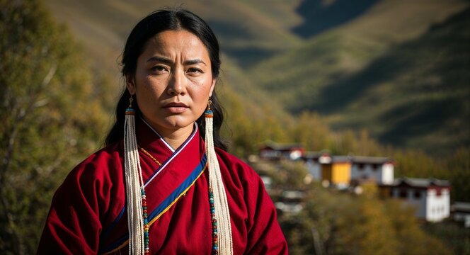 Tibetan woman in chuba dress serious expression portrait photo highland backdrop