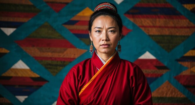 Tibetan woman in chuba dress serious expression portrait photo highland backdrop