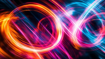 Obraz premium Abstract neon light trails swirling in a dark background.