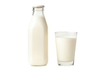 Milk bottle and glass of milk side by side isolated on white background. Concept of dairy products and healthy beverages.