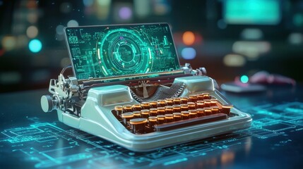 Vintage typewriter morphing into a sleek laptop in a futuristic setting