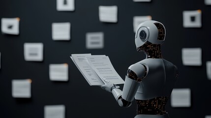 Fototapeta premium A robot analyzing data sheets while surrounded by notes on a dark wall, symbolizing the fusion of technology and information.