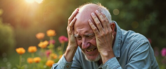 Elderly Man in Distress Holding Head in Pain Against Sunlit Garden Background
