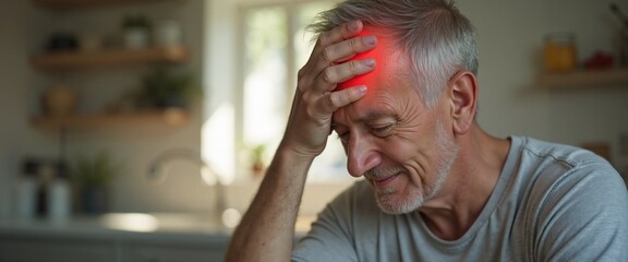 Senior Man with Painful Expression Experiencing Headache in Cozy Kitchen