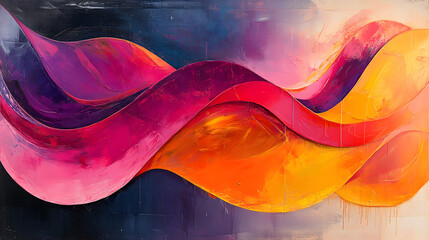 A vibrant abstract painting featuring swirling, flowing forms in shades of pink, purple, and orange. The composition evokes a sense of movement and energy.