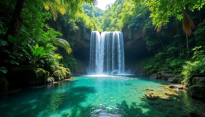 Fototapeta premium A lush tropical jungle scene with a waterfall cascading into a clear pool, surrounded by greenery