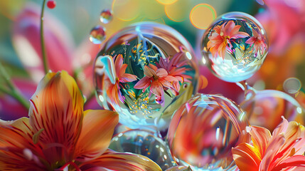 Obraz premium flowers in epoxy resin Artistic glass balls with flowers inside bright abstract composition the concept of preserving nature samples for future generations