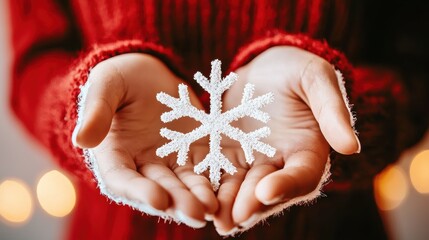 Hands holding a delicate snowflake decoration in winter setting
