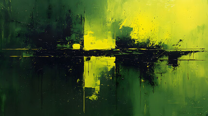 A stark contrast of dark green and vibrant yellow, divided by a narrow band of black. The composition evokes a sense of tension and drama, with the two colors representing opposing forces.