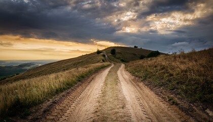 deserted country dirt road up over hilltop under evening dramatic cloudy sky