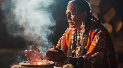 A traditional shaman performing healing rituals in a sacred space, channeling energy for holistic well-being.