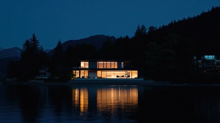 Modern house by the lake illuminated at night, surrounded by mountains and trees.