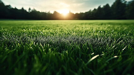 Close-up of green grass field under a sunlit sky with trees in the background during sunset or sunrise