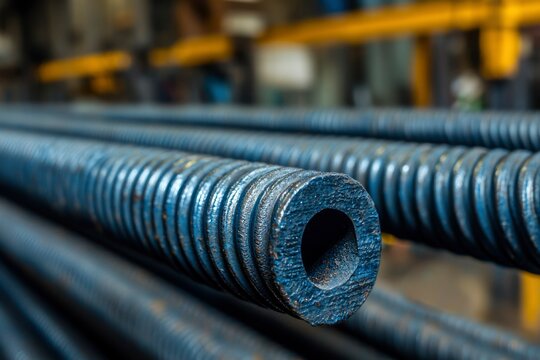 Close-up of a stack of threaded steel rods