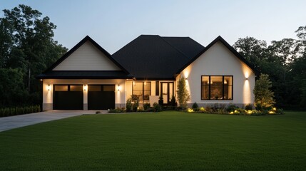 Obraz premium Modern house exterior with landscaped yard, evening lighting.