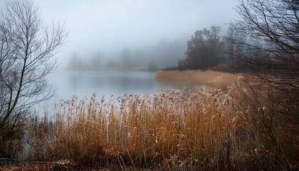 dull colors of late autumn foggy landscape with scenic views of the lake and coastline with bare trees dry reed in wet weather and soft misty background