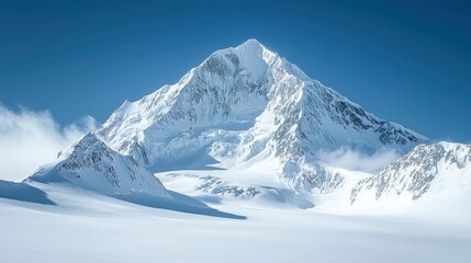 Obraz premium Majestic snow-capped mountain peaks rise under a clear blue sky, showcasing nature's breathtaking beauty and serenity