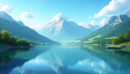 Fototapeta premium A peaceful mountain landscape with a clear blue sky, green valleys, and a calm lake reflecting the scene