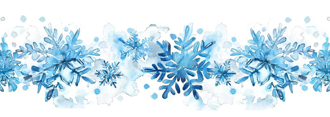 Elegant header with blue snowflakes. An elegant watercolor seamless winter border with snowflakes