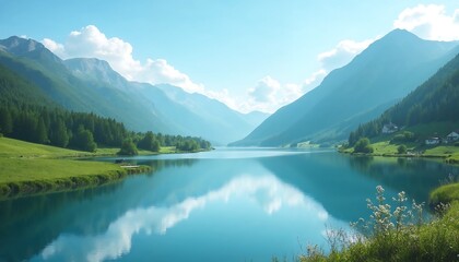 A peaceful mountain landscape with a clear blue sky, green valleys, and a calm lake reflecting the scene