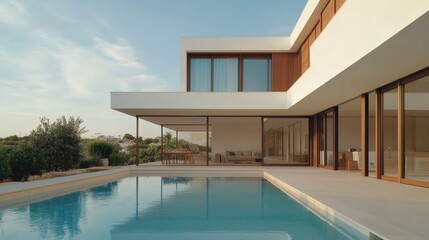 Fototapeta premium Modern house with pool, surrounded by greenery, under a clear blue sky.