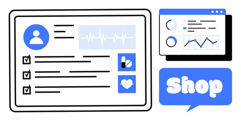 Digital health dashboard displaying user profile, health metrics with checklists, key medical icons, and data graphs. Ideal for healthcare applications, medical records, health monitoring