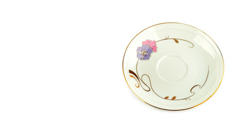 Vintage porcelain plate isolated on white. Free space for text. Wide photo.