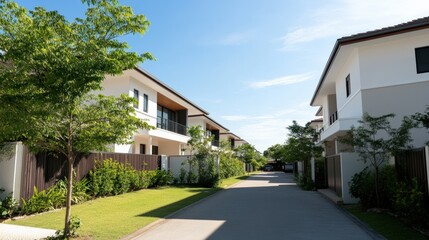 Modern residential street with greenery and clear blue sky.