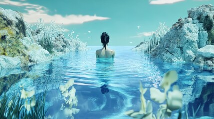 A serene figure stands in crystal-clear water, surrounded by vibrant aquatic life and lush greenery under a bright sky.